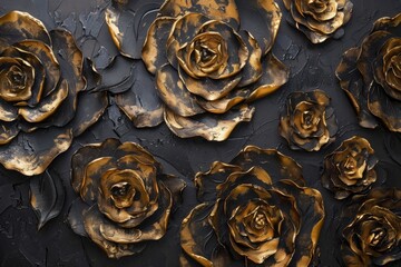 Abstract background of black and gold roses, where the luxurious play of color creates a dramatic and opulent visual texture.