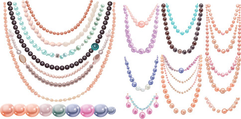 Women beaded necklaces. Beads and pearl jewelry, bracelet precious necklace on chain for fashion girl or woman
