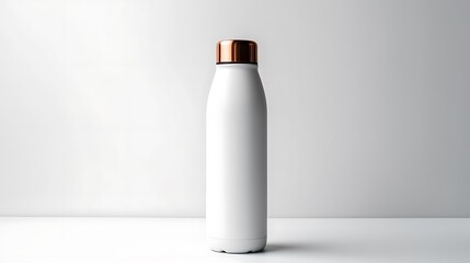 A minimalist water bottle with a glossy finish stands elegantly on a plain white surface