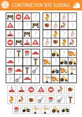 Vector construction site sudoku puzzle for kids with pictures. Simple building works quiz with cut and glue element. Education activity or coloring page with vehicle, worker, tool. Draw missing object