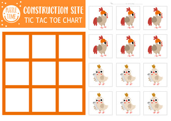 Vector construction site tic tac toe chart with rooster and hen workers. Building works board game playing field with cute characters. Funny printable worksheet. Noughts and crosses grid .
