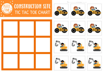 Vector construction site tic tac toe chart with road roller and excavator with driver workers. Building works board game playing field. Funny printable worksheet. Noughts and crosses grid .