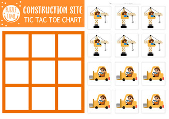 Fototapeta premium Vector construction site tic tac toe chart with forklift and lifting crane with driver workers. Building works board game playing field. Funny printable worksheet. Noughts and crosses grid .