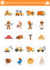 Fototapeta premium Find the odd one out. Construction site logical activity for kids. Building works educational quiz worksheet for attention skills. Printable game with vehicles, builders, tools, materials.