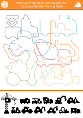 Construction site shadow, shape and line recognition activity with industrial vehicles. Building works puzzle with colored truck contours. Find correct silhouette printable worksheet, game for kids.