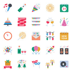 Fototapeta na wymiar Flat color icons set for Happy new year.