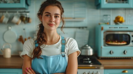 Smiling young woman with braided hair wearing a blue apron standing in a vintage kitchen setting.