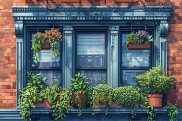 Fototapeta na wymiar a window filled with lots of potted plants on a brick building