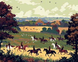 A pixelated old English fox hunt with horseback riders, hounds, and countryside