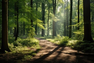 A serene forest with sunlight filtering through the leaves.