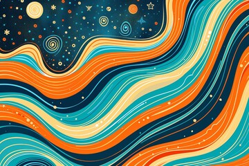 Groovy Disco Waves Poster: Psychedelic Orange & Blue Retro Design