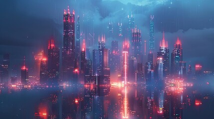 Futuristic city skyline with glowing lights