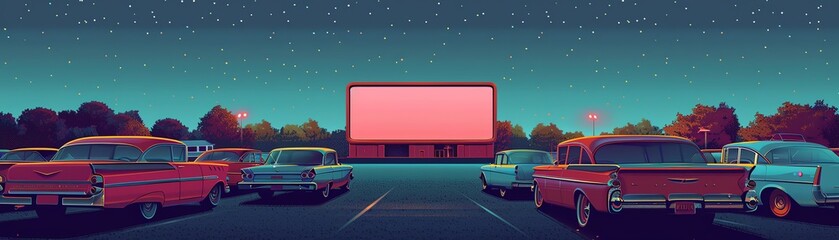 Pixel art classic 1950s drive-in cinema with vintage cars and a giant screen
