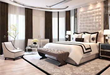 Sleek white and black bedroom showcasing a grand bed, Elegant monochrome bedroom featuring a king-size bed, Chic white and black bedroom with a spacious bed.