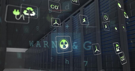 Image of eco icons and data processing over computer servers