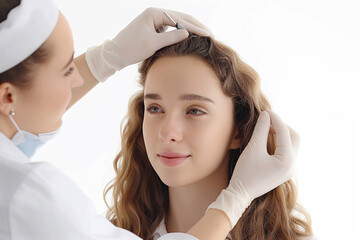 Photo of a young woman being examined by a trichologist, prevention of hair loss, beauty, health, trichology, alopecia