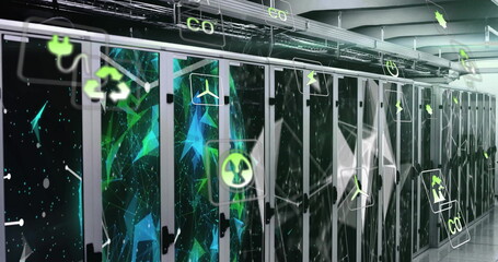 Image of eco icons and data processing over computer servers