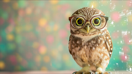 Wise owl wearing trendy glasses, digital and bokeh elements symbolizing the merge of wisdom and modern digital life