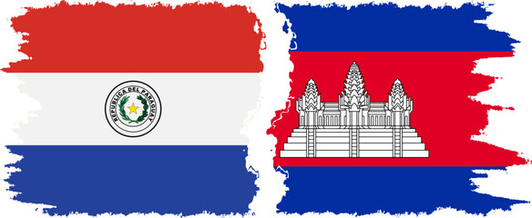 Cambodia and Paraguay grunge flags connection vector - obrazy, fototapety, plakaty