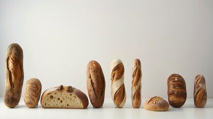 Displayed against a white backdrop are crispy artisan loaves with golden crusts.