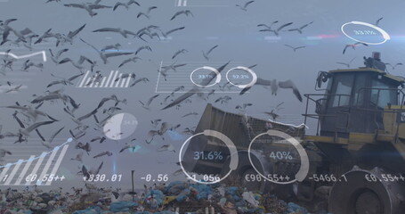 Image of statistics recording over bulldozer in rubbish disposal site