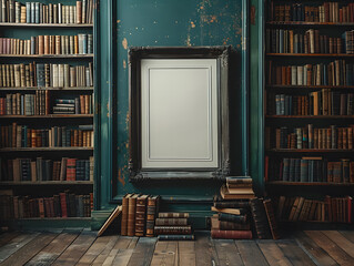 Gothic Atmosphere: Dark Academia Bookshelves Surround White Frame Mockup