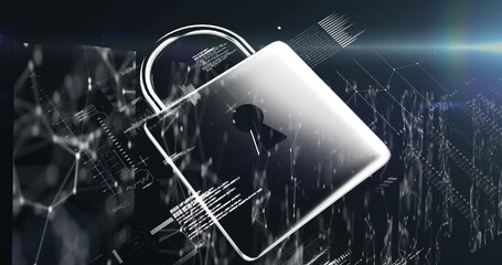 Image of digital interface online security padlock and data processing