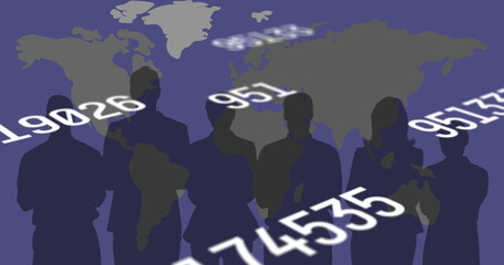 Image of numbers changing over people silhouettes and world map