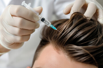 Close-up photo of a man being given injections into his scalp by a trichologist to combat hair loss. Prevention of hair loss, trichology, alopecia.