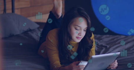 Image of digital icons over woman using digital tablet and smartphone at home