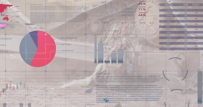 Image of statistics recording over bulldozer in waste disposal site