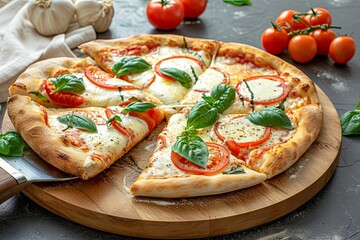 Baked Freshly Pizza: Fresh Tomatoes and Basil Composition on Wooden Slicer with Savory Mozzarella Slice