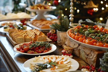 A lavish holiday buffet spread featuring assorted appetizers, including cheese, tomatoes, and...