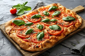 FRESHLY BAKED PIZZA ART: Tomatoes and Basil on Rustic Board