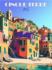 Cinque Terre, Italy Travel Destination Poster in retro style. Mediterranean landscape digital print. European summer vacation, holidays concept. Vintage vector colorful illustration. - obrazy, fototapety, plakaty
