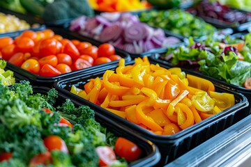 Various colorful vegetables arranged in containers at a salad bar, including bell peppers, tomatoes, onions, and lettuce.