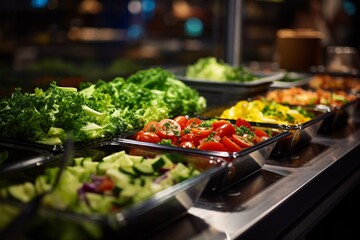 Obraz premium Various types of fresh vegetables displayed in serving trays at a well-lit salad bar in a restaurant.