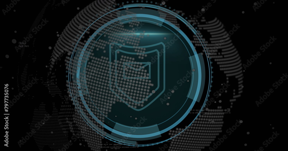 Poster Image of data processing with cyber security text over globe on black background