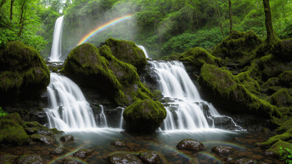 幻想のオアシス：滝と虹が織りなす森の風景