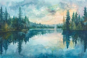 Placid lake captured in a narrow vertical frame, painted with soft pastel watercolors