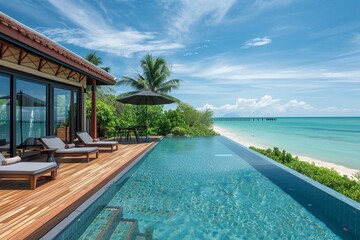 Obraz premium Sandy beach flanked by luxury pool villas, each with private decks facing the tropical azure sea