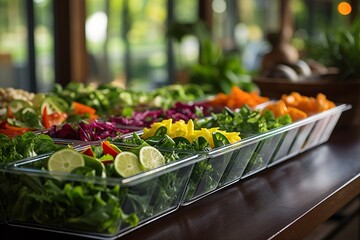 Fresh vegetables including carrots, lettuce, and peppers neatly arranged in clear trays, part of a salad bar in a well-lit restaurant. - Powered by Adobe