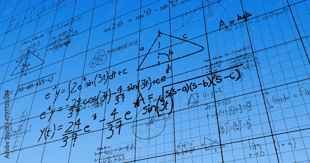 Poster image of mathematical data processing over blue background
