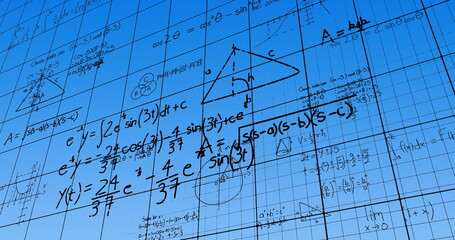 Image of mathematical data processing over blue background