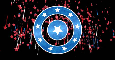 Image of circles with stars and colourful light trails ans stars on black background