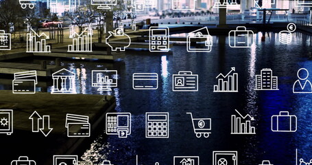 Image of business icons and data processing over cityscape