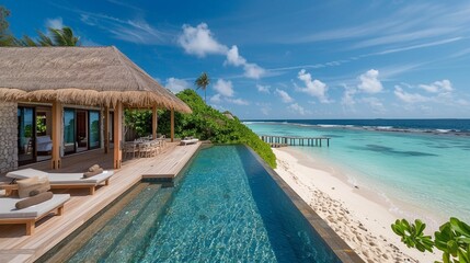 Tropical beach paradise with luxury resort pool villas, each boasting infinity pools with ocean views