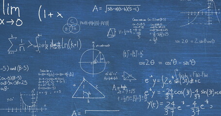Image of mathematical data processing over blue background