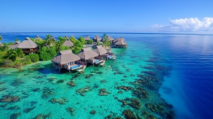 Tropical island resort with luxurious overwater bungalows, sparkling blue waters and a cloudless sky