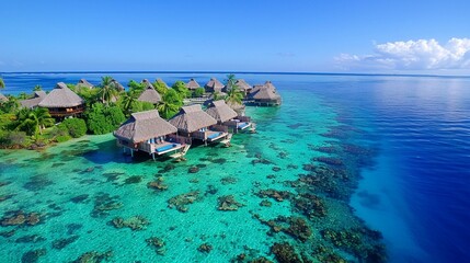 Fototapeta premium Tropical island resort with luxurious overwater bungalows, sparkling blue waters and a cloudless sky